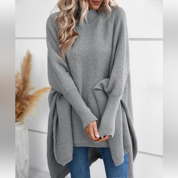 Cozy Mock Neck Dolman Sleeve High Low Hem knit Sweater Cape - Picture 5 of 16